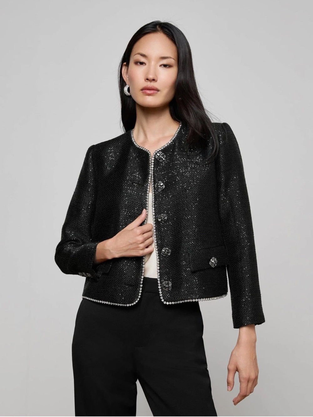 L'agence zell crystal trim tweed sequin blazer jacket